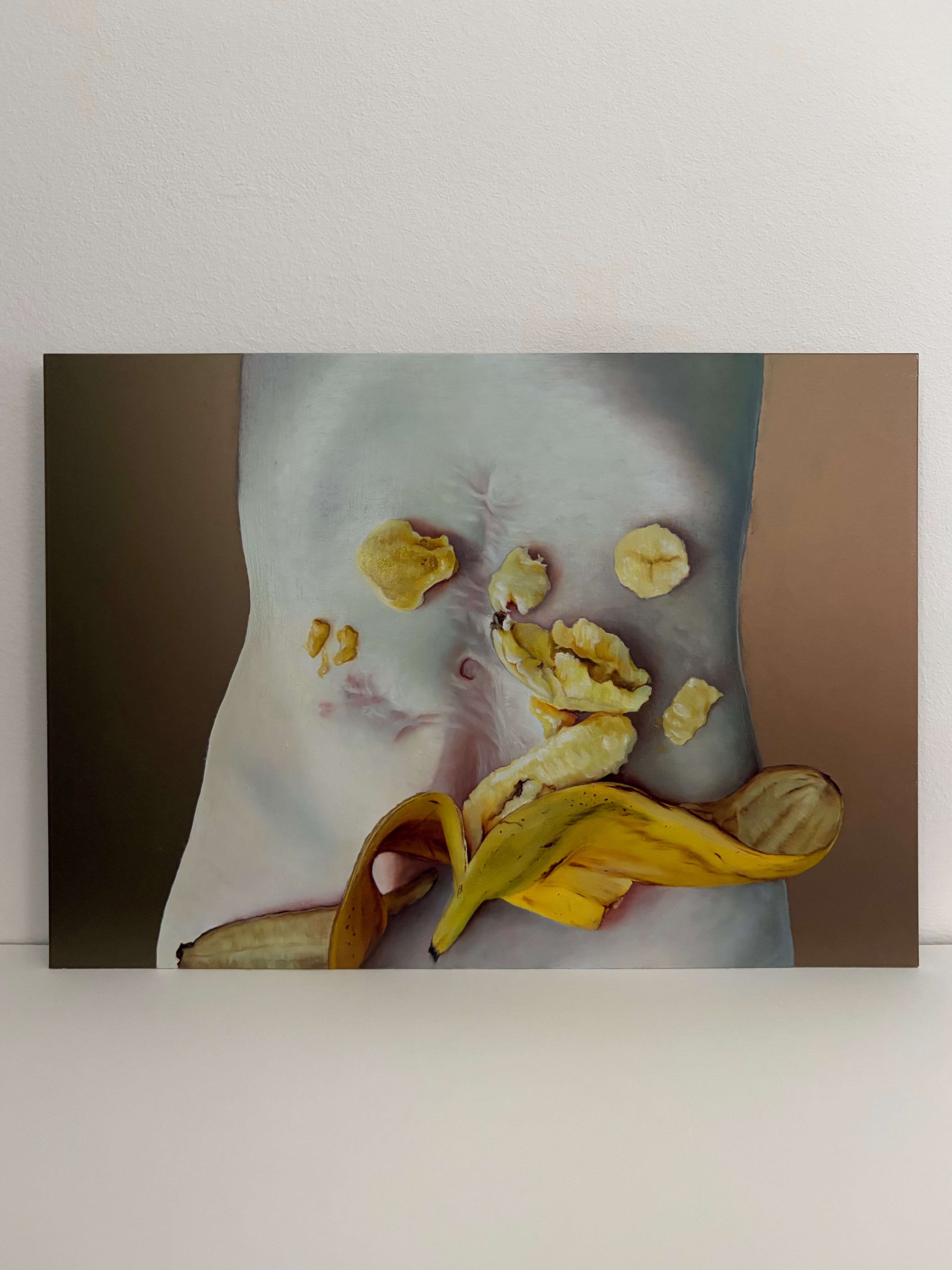 Fine art oil painting of a crushed banana smeared across a scarred abdomen