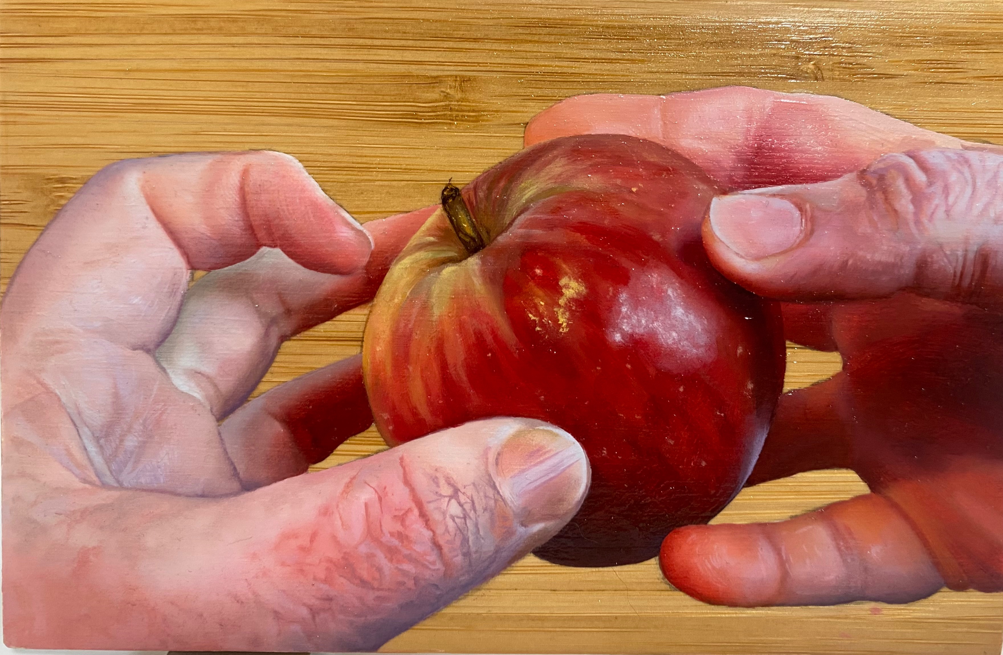 Fine art oil painting of an apple being turned in someone's hands