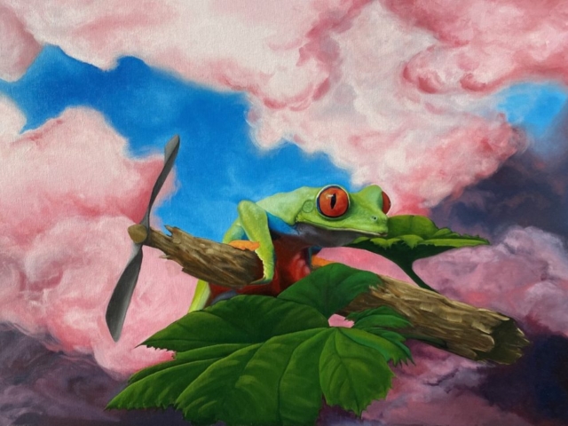 Oil painting of a tree frog flying through fluffy pink clouds on a log.  Fantasy oil painting.  Imaginary art.  Childrens fantasy painting.  Imaginary world