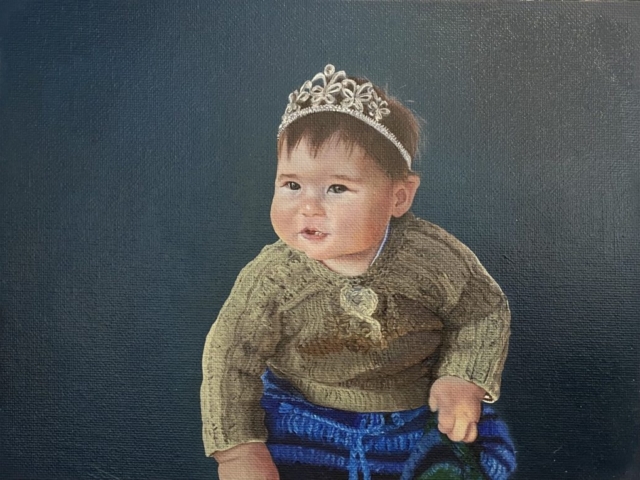 Contemporary realism, portrait in oils, baby portrait oil painting, painted portrait of a baby wearing a tiara and wooly clothes