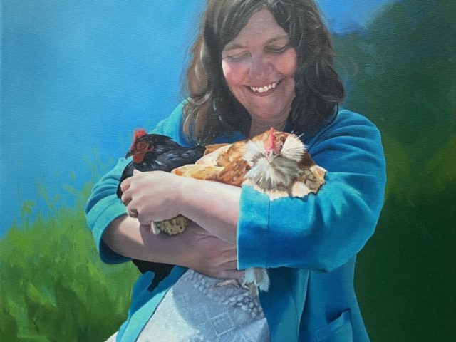 Oil painting portrait, woman with chickens, chicken fancier, fine art portrait, pet portrait