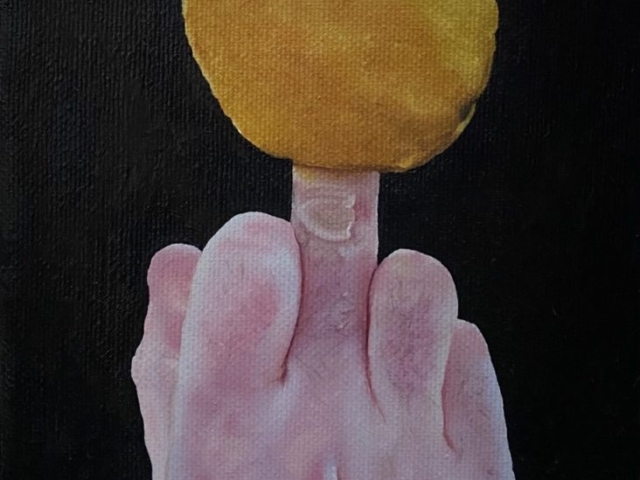 Giving the midle finger to a lemon.  OIl painted hand, tongue in cheek, comic painting, sarcastic oil painting.  Small hand painting. Realism.