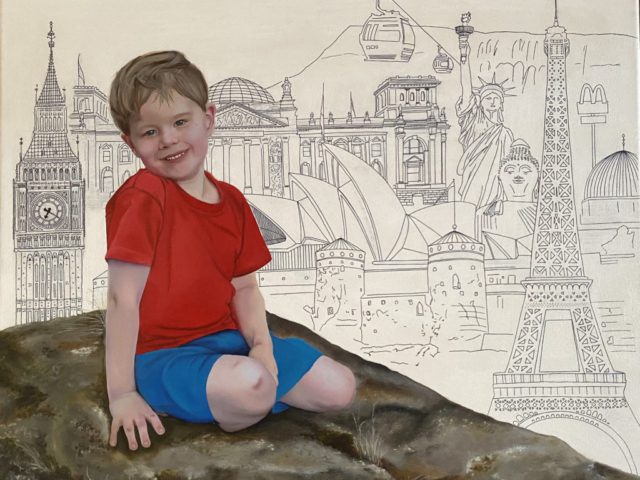 Portrait in oil paint on canvas of a young boy wearing a bright red t-shirt and blue shorts, sitting on a mossy rock.  In the background are line drawings of landmarks around the world to show the countries he has travelled to with his family.  Realism with line drawings.