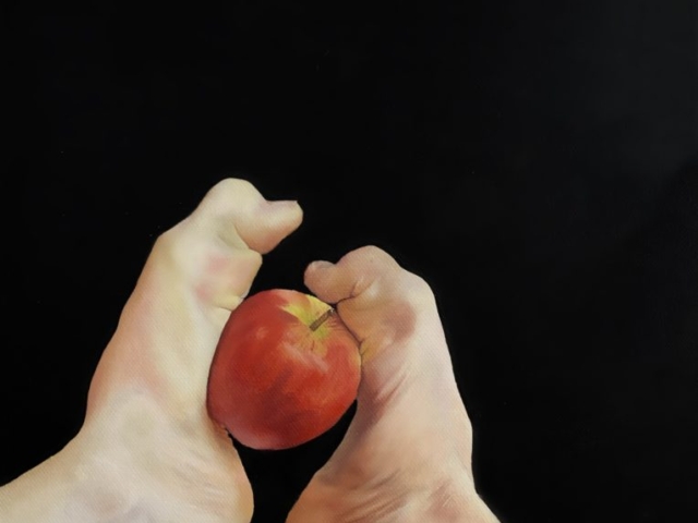 Oil painting on canvas against a black background of two feet with curled toes holding a red apple.