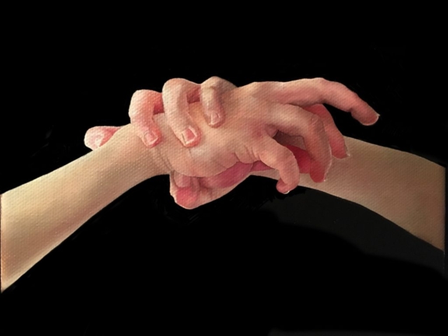 Oil painting of a pair of hands clasped against a black background, the index finger of the left hand is beginning to reach towards the edge of the canvas.  Realism.