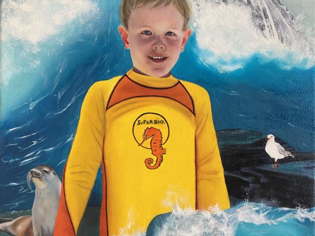 OIl painte portrait of a little boy walking out of the ocean surrounded by sea creatures, seal, dolphins, whale, seagull.  Superhero costume