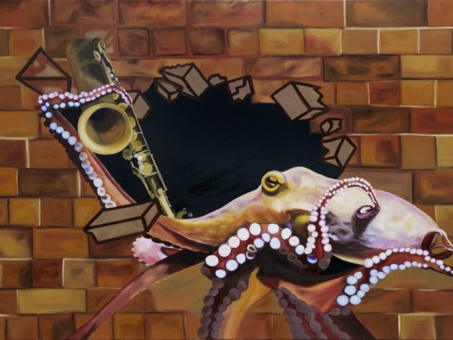 Oil painting of an octopus holding a saxaphone bursting through a brick wall.  Realism, surrealism, cartoon, superhero.