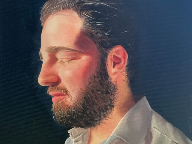 Portrait in oil paints on canvas of a bearded man with closed eyes, sunlight lighting his face.  Realism.